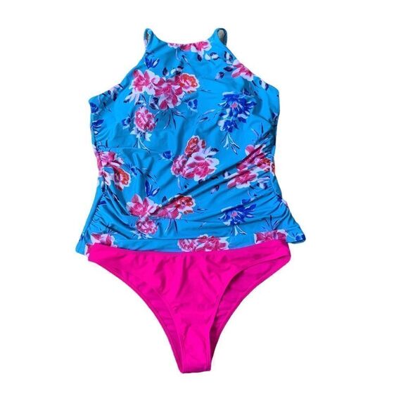 NWT Blue Floral High Neck Adjustable Straps Hot Pink Low Waist Bottoms Tankini - Picture 4 of 10